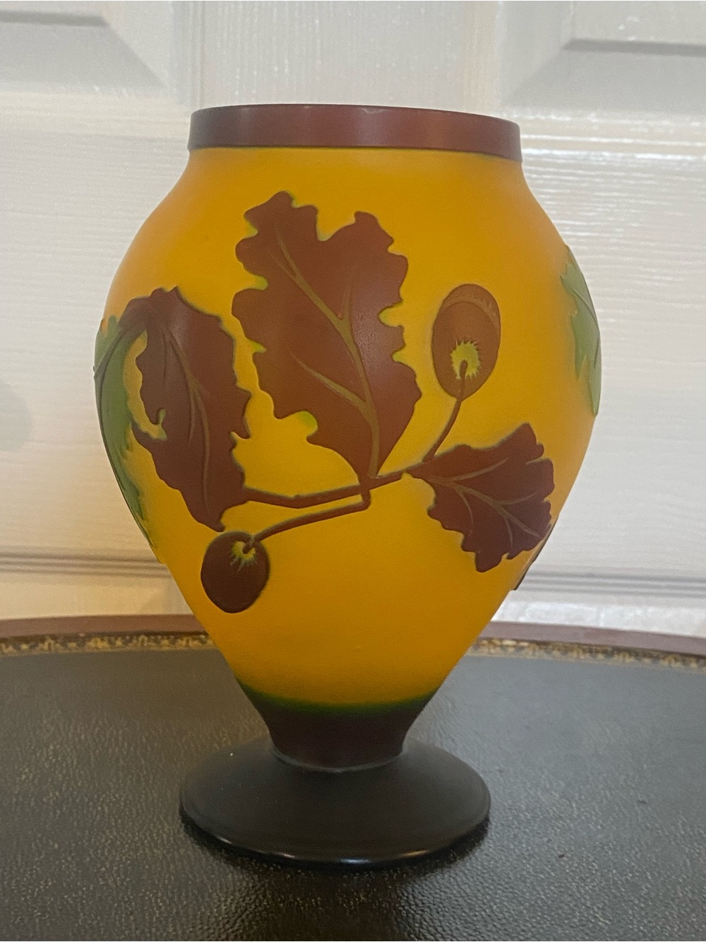 Vtg Telaflare Amber & Brown Oak Leaf Cameo Art Glass Vase Fall Home Decor
